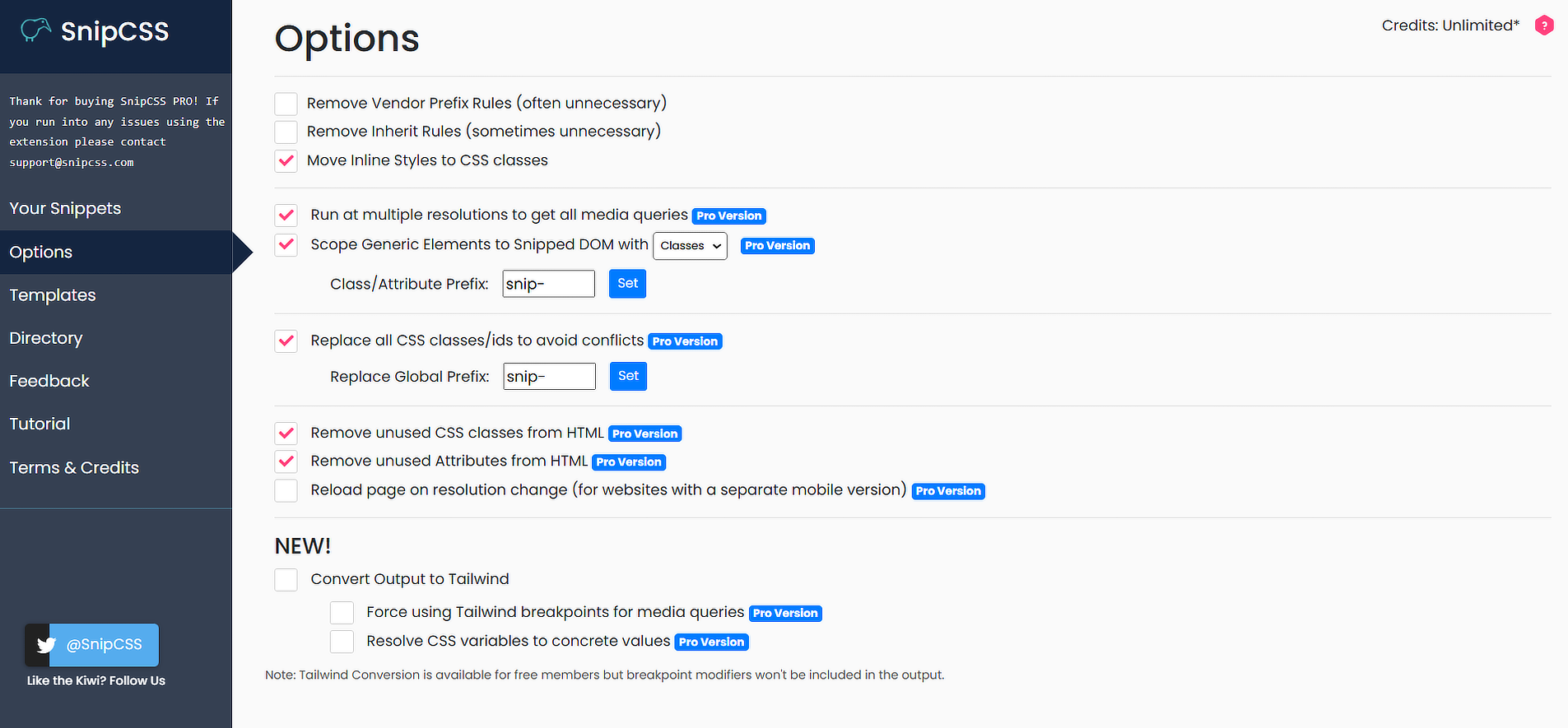 SnipCSS Option Settings